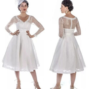 NWT Unique Vintage White Lace Midi Wedding Dress